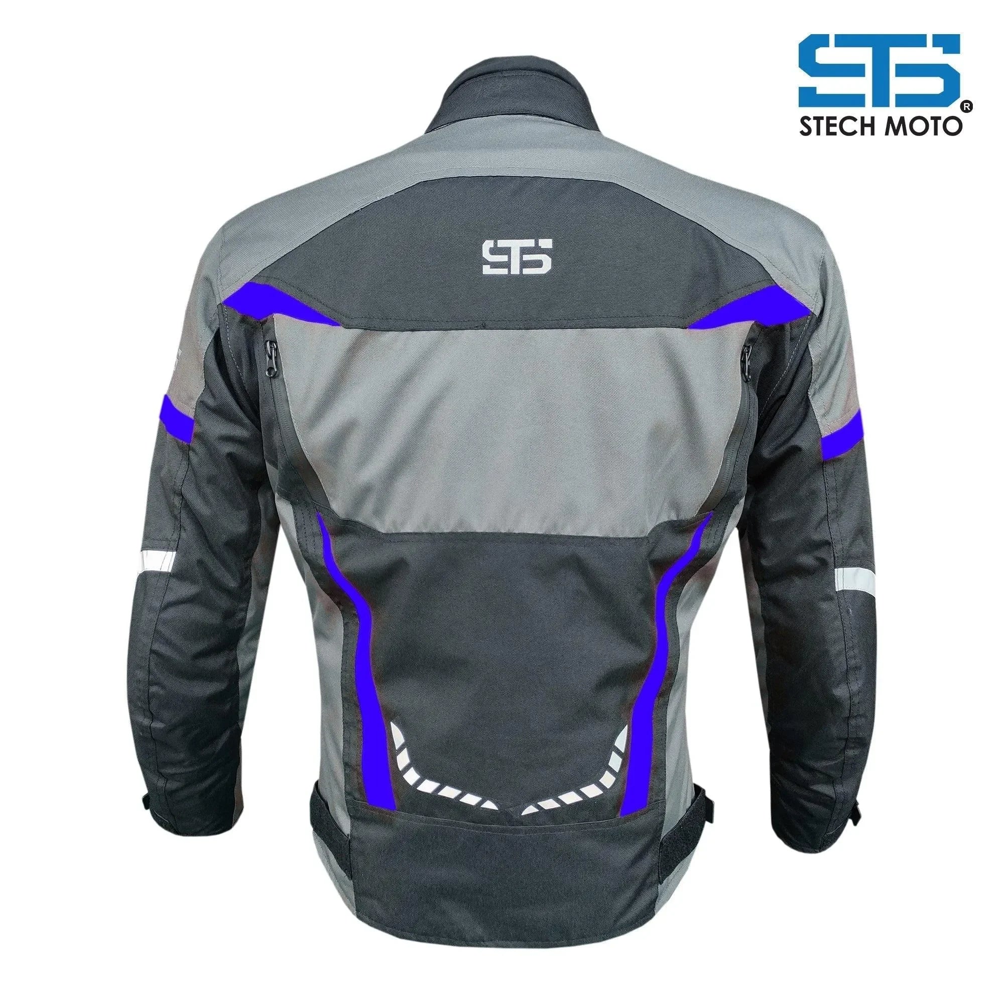 Giubbotto moto tecnico 4 stagioni da uomo in tessuto grigio e nero, dettagli riflettenti.