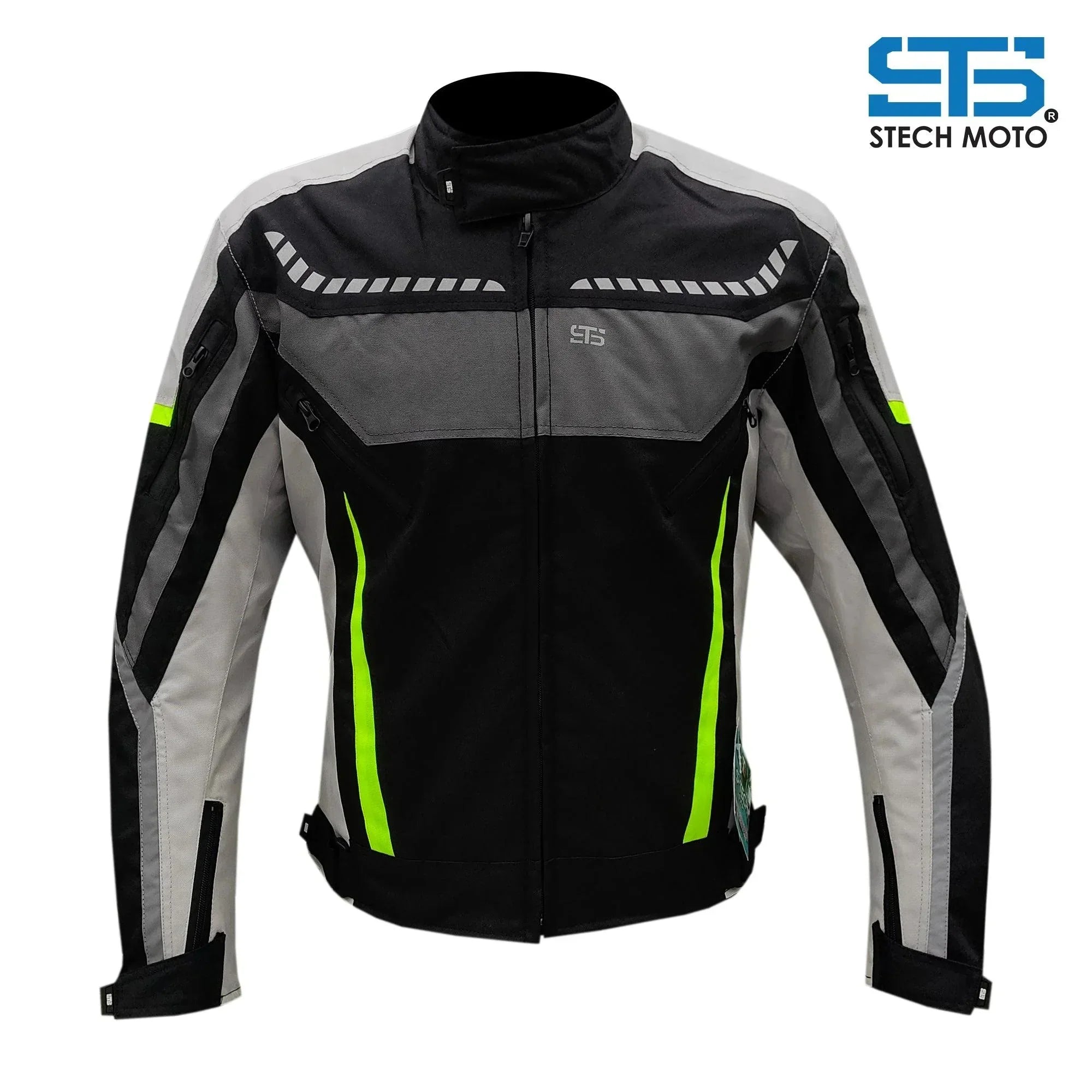 Giubbotto moto uomo tecnico 3 strati nero grigio con dettagli fluo e inserti riflettenti.