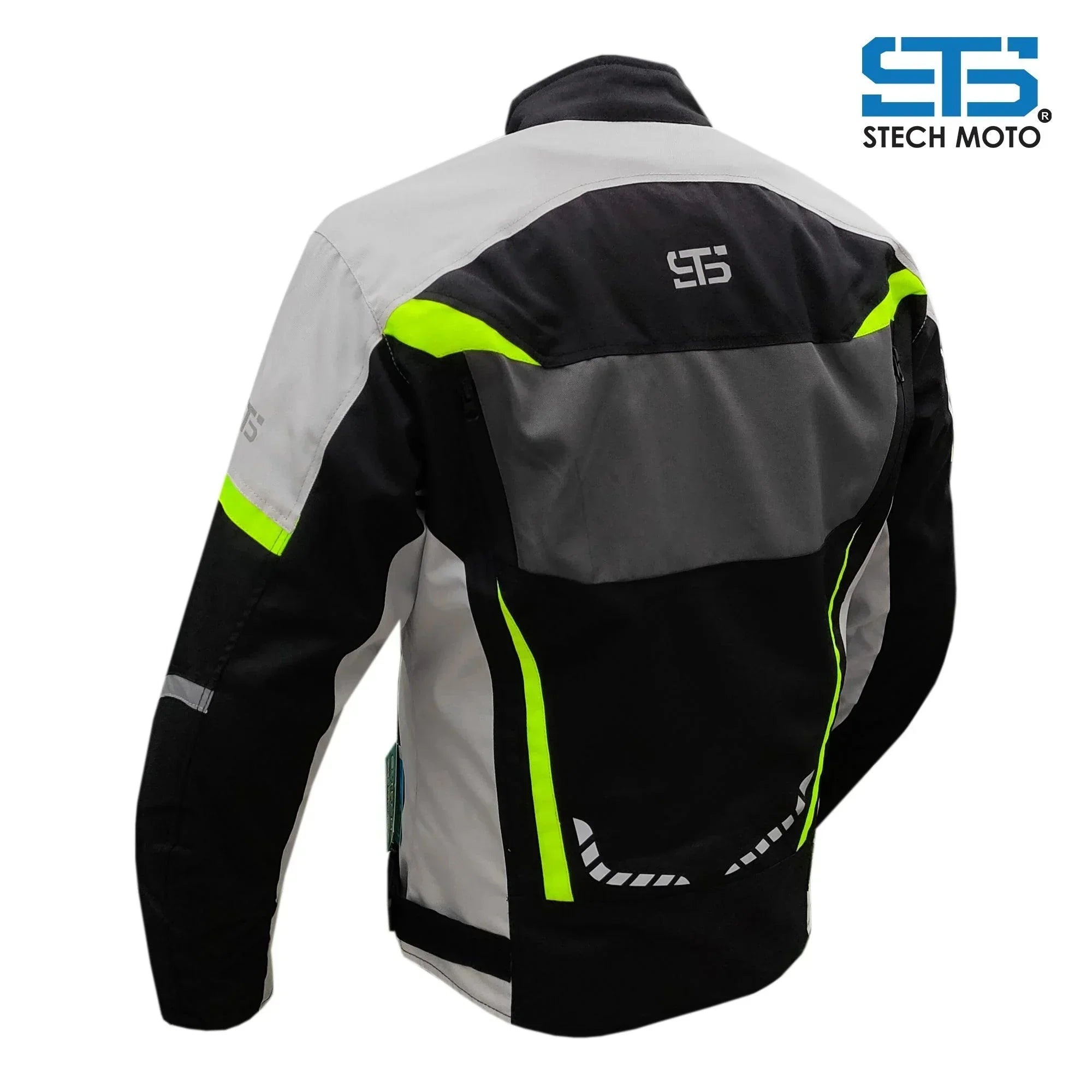 Giubbotto moto uomo tecnico 3 strati, tessuto nero, grigio e giallo fluo, dettagli riflettenti.