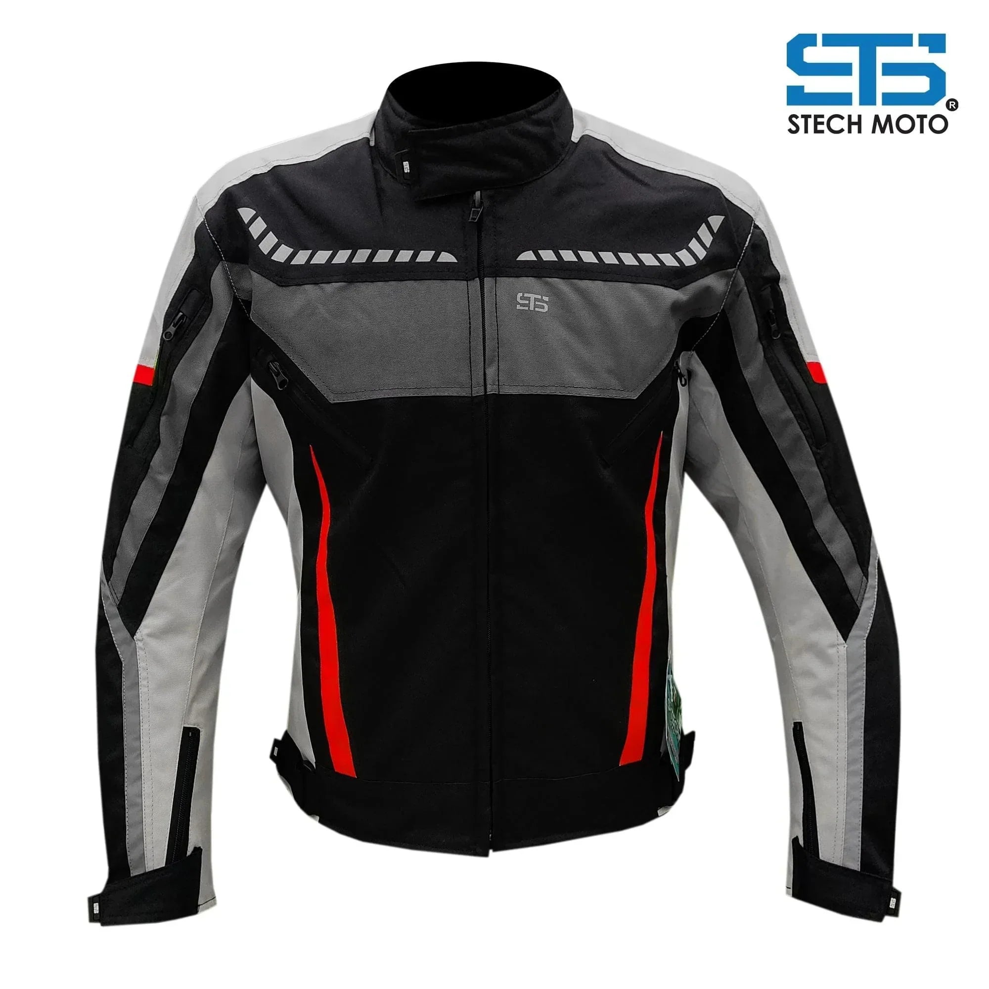 Giubbotto moto uomo tecnico impermeabile nero grigio con dettagli rossi e strisce riflettenti.