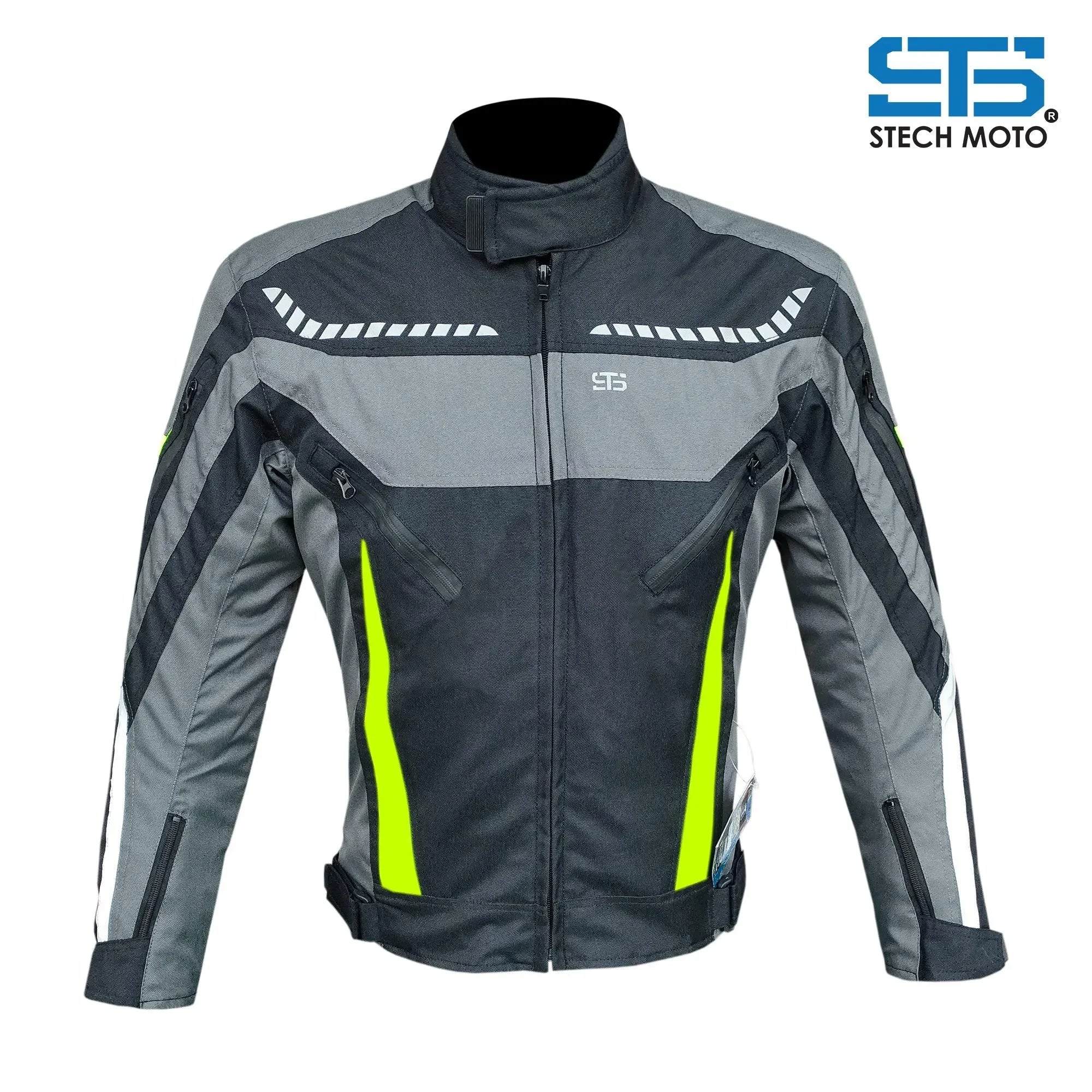 Giubbotto moto uomo in tessuto tecnico grigio e nero con inserti giallo fluo, STS Stech Moto.