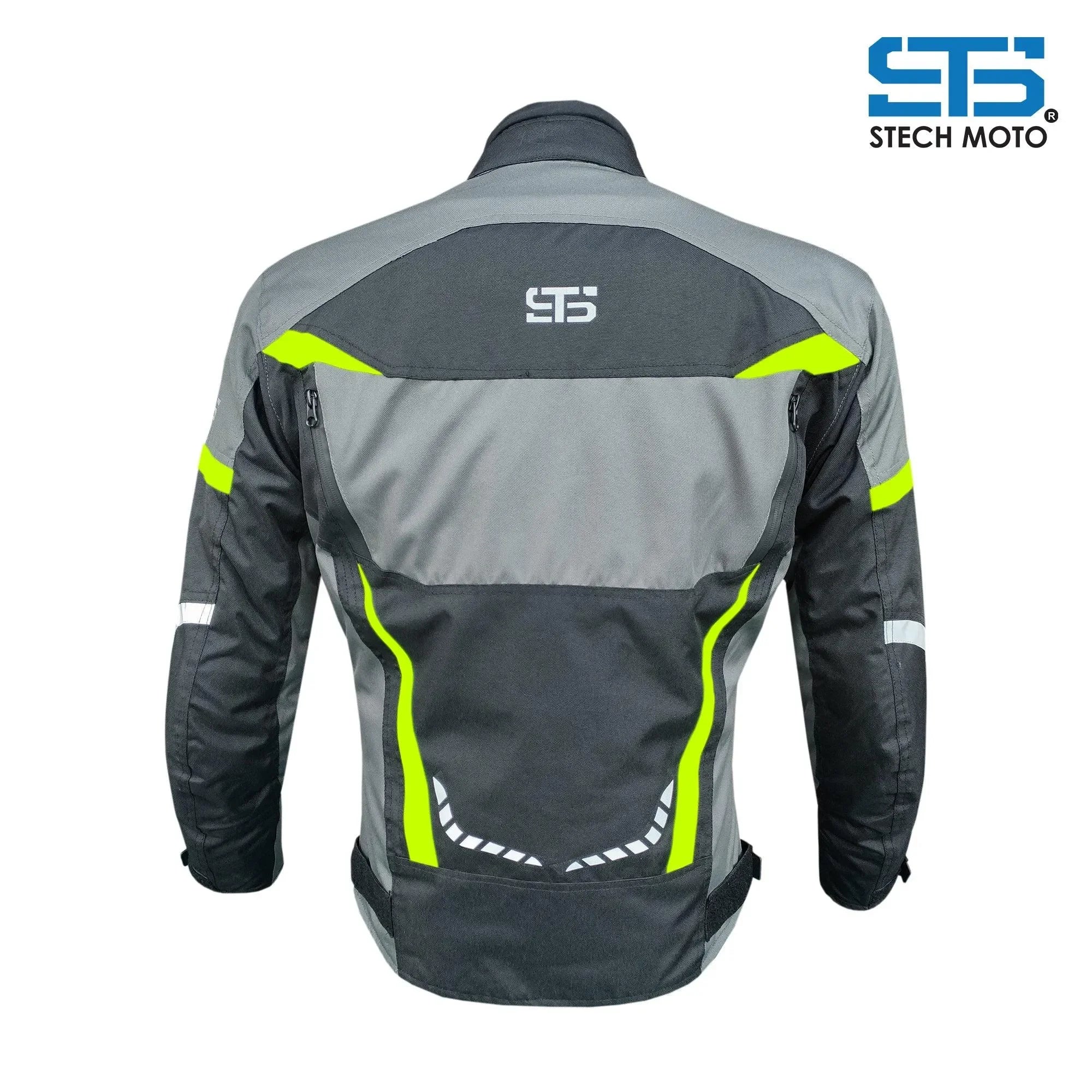 Giubbotto moto uomo tessuto tecnico grigio nero con inserti gialli e dettagli riflettenti, vista posteriore.
