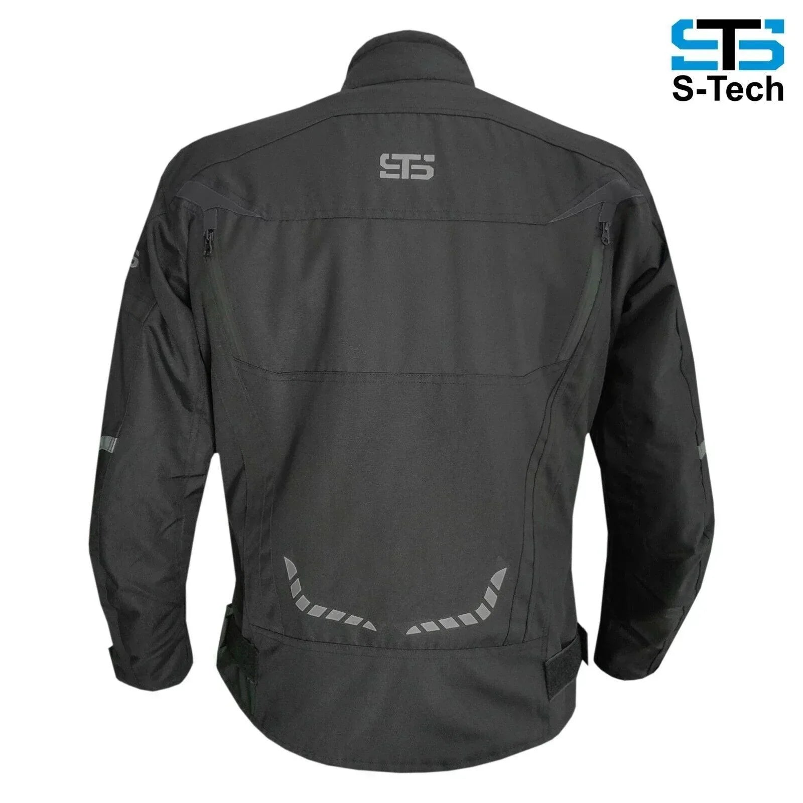 Giacca moto tessuto nero uomo, dettagli riflettenti, vista posteriore, S-Tech.
