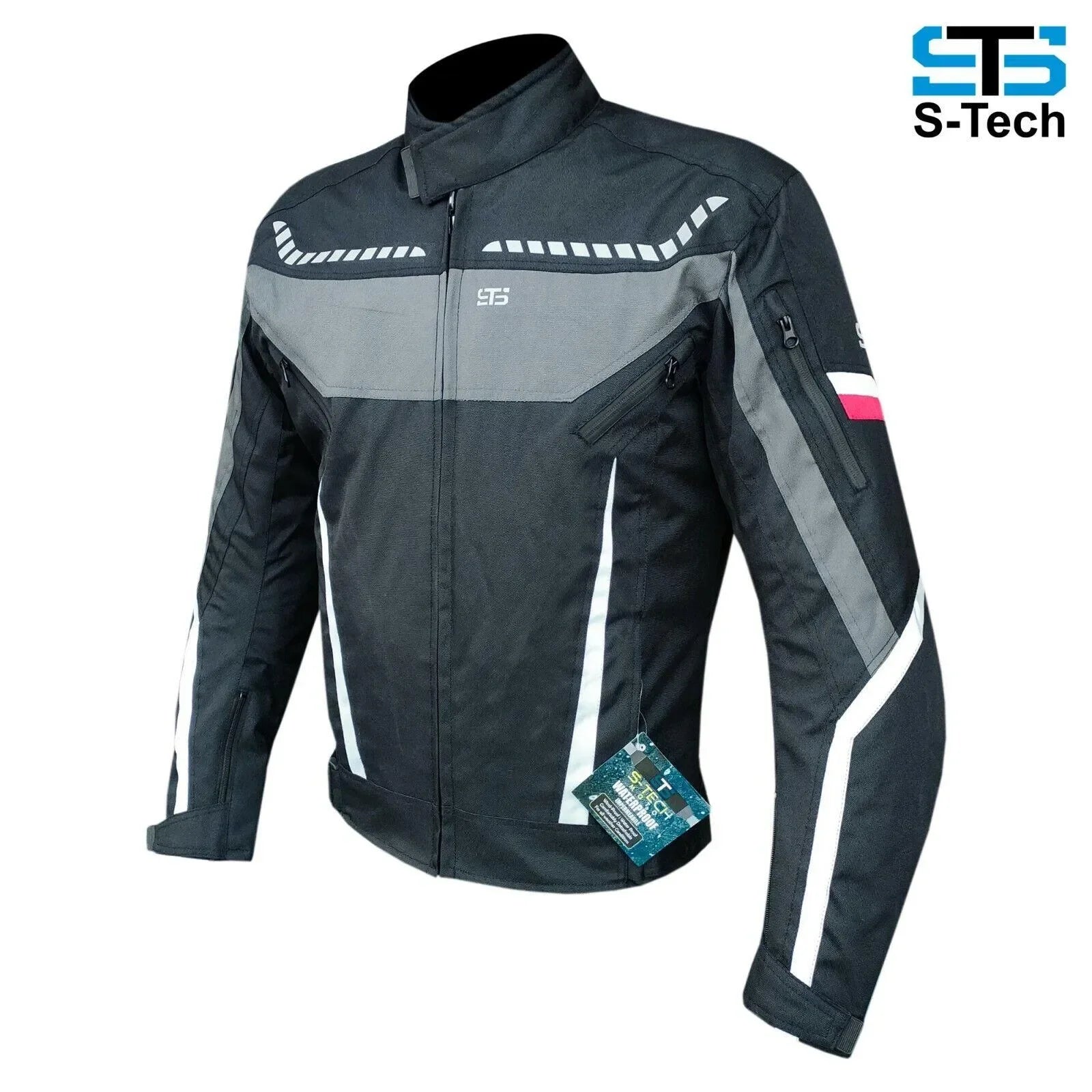 Giubbotto moto uomo in tessuto tecnico nero-grigio con inserti riflettenti, quattro stagioni