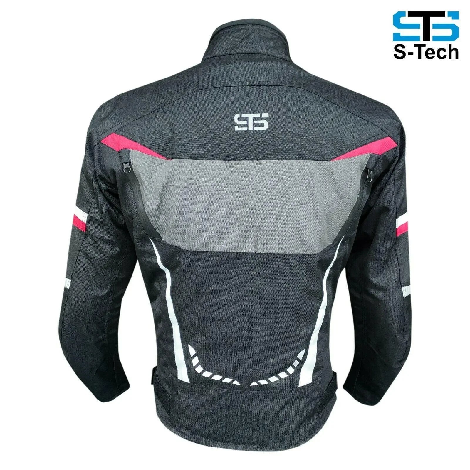 Giubbotto moto uomo S-Tech nero e grigio, tessuto tecnico 4 stagioni, riflessi e inserti rossi.
