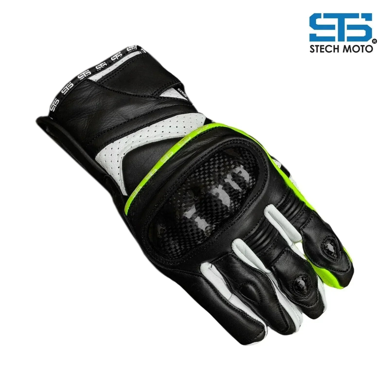 Guanto moto in pelle nero con protezioni in carbonio e dettagli bianchi e giallo fluo