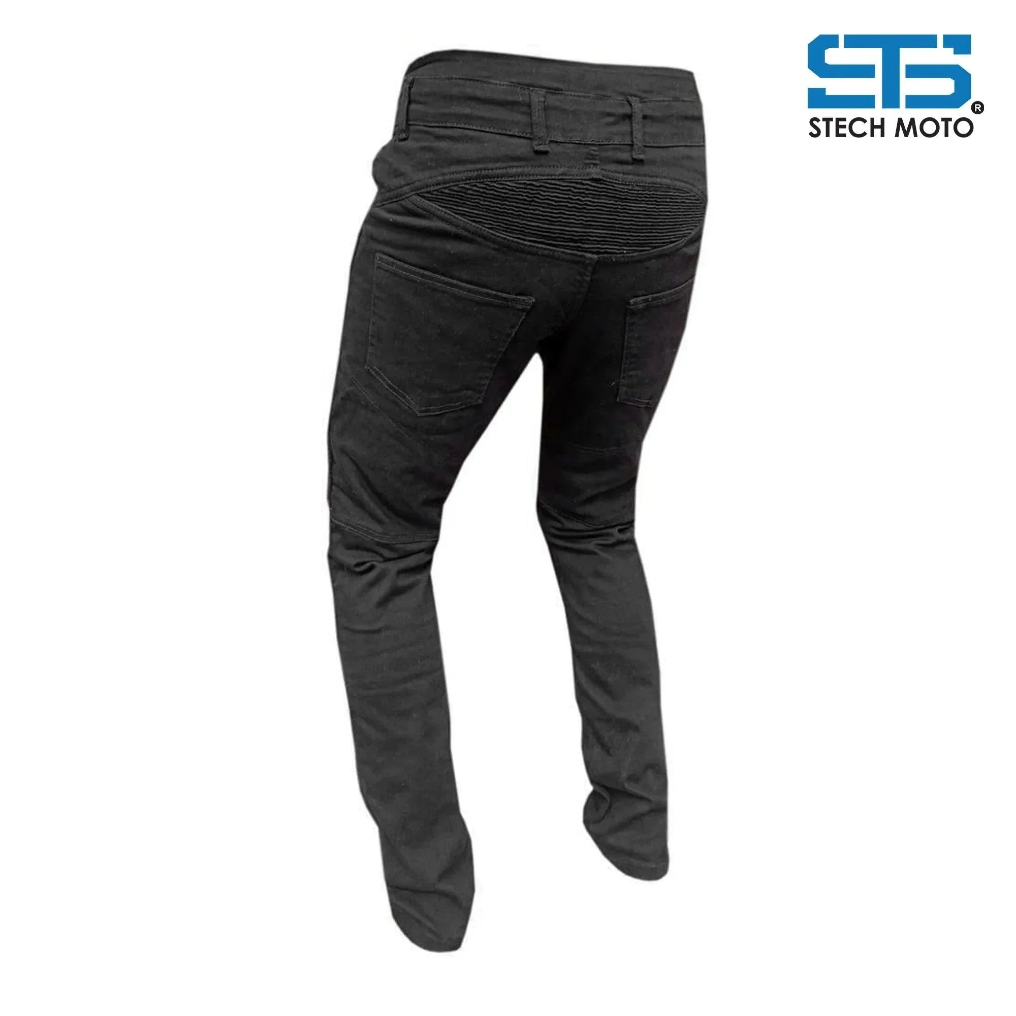Jeans moto tecnici neri con rinforzi e tasche posteriori, pantaloni protettivi aramidici.