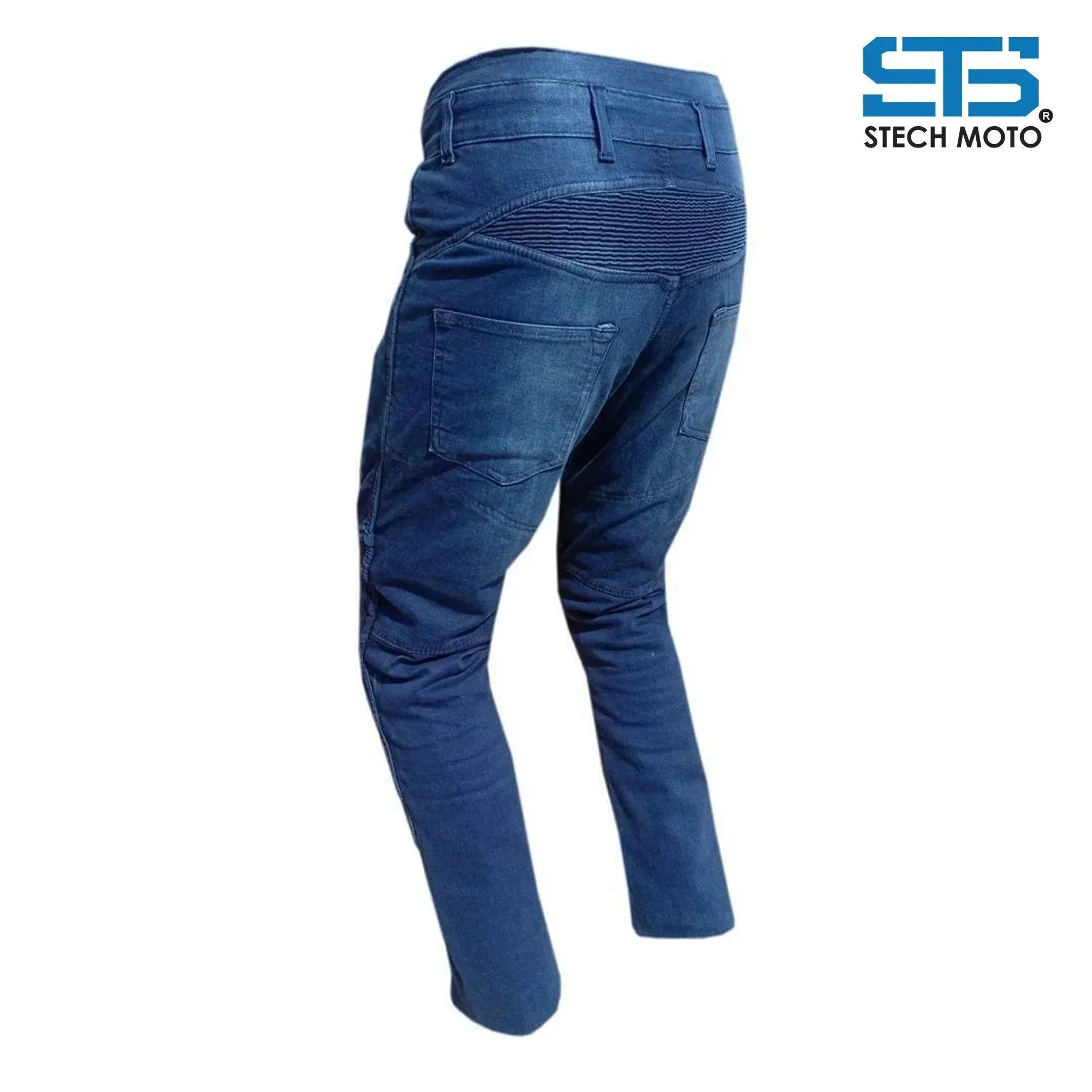 Jeans tecnici da moto in denim blu con rinforzi su fianchi e ginocchia, vista posteriore.