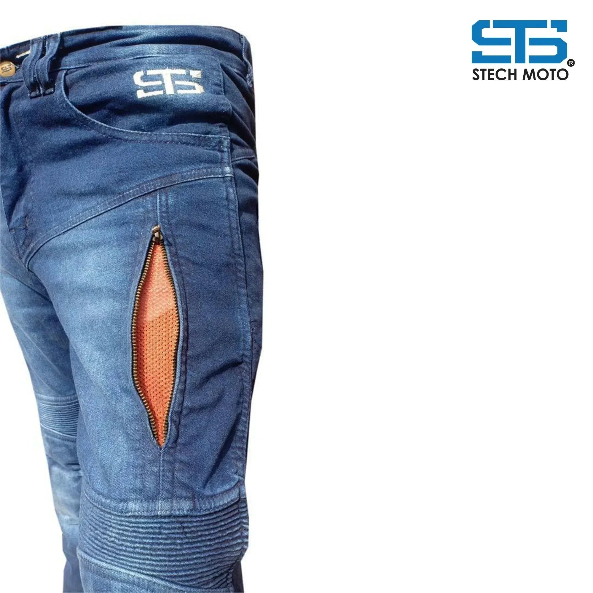 Jeans tecnici da moto blu con rinforzi aramidici, zip e dettaglio protettivo visibile