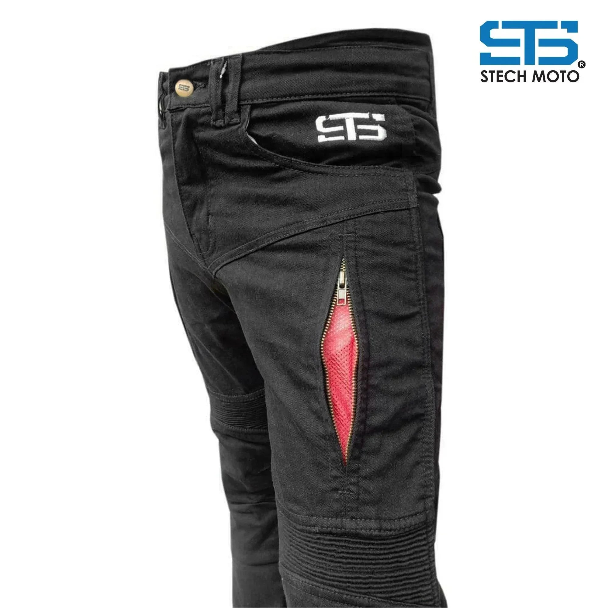 Trousers moto tecnici neri con protezioni aramide, zip aperta e inserti rossi, Stech Moto.