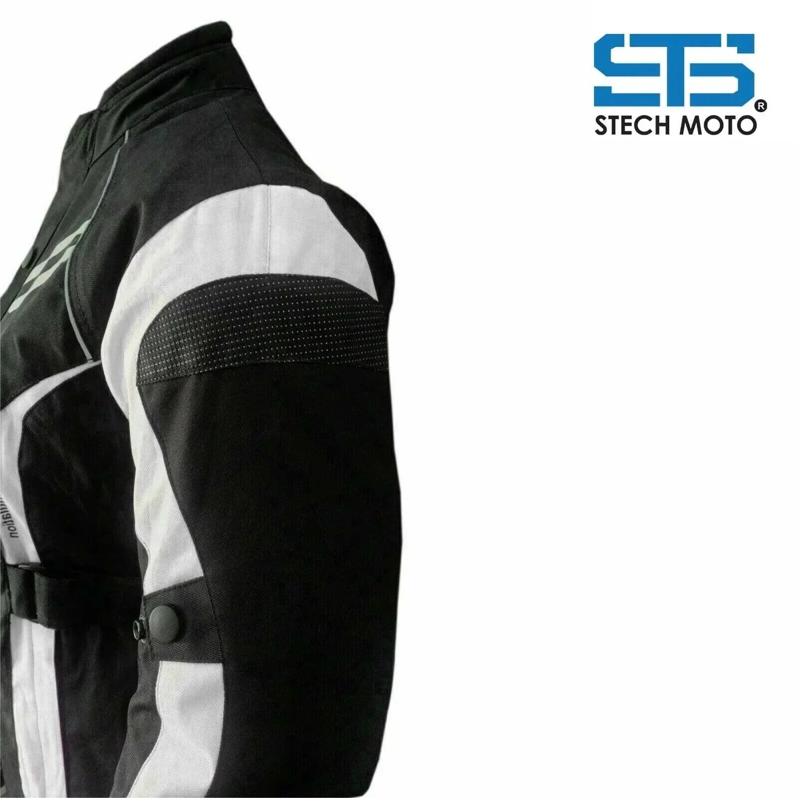 Giubbotto moto donna in tessuto nero e bianco con protezioni su spalla e manica