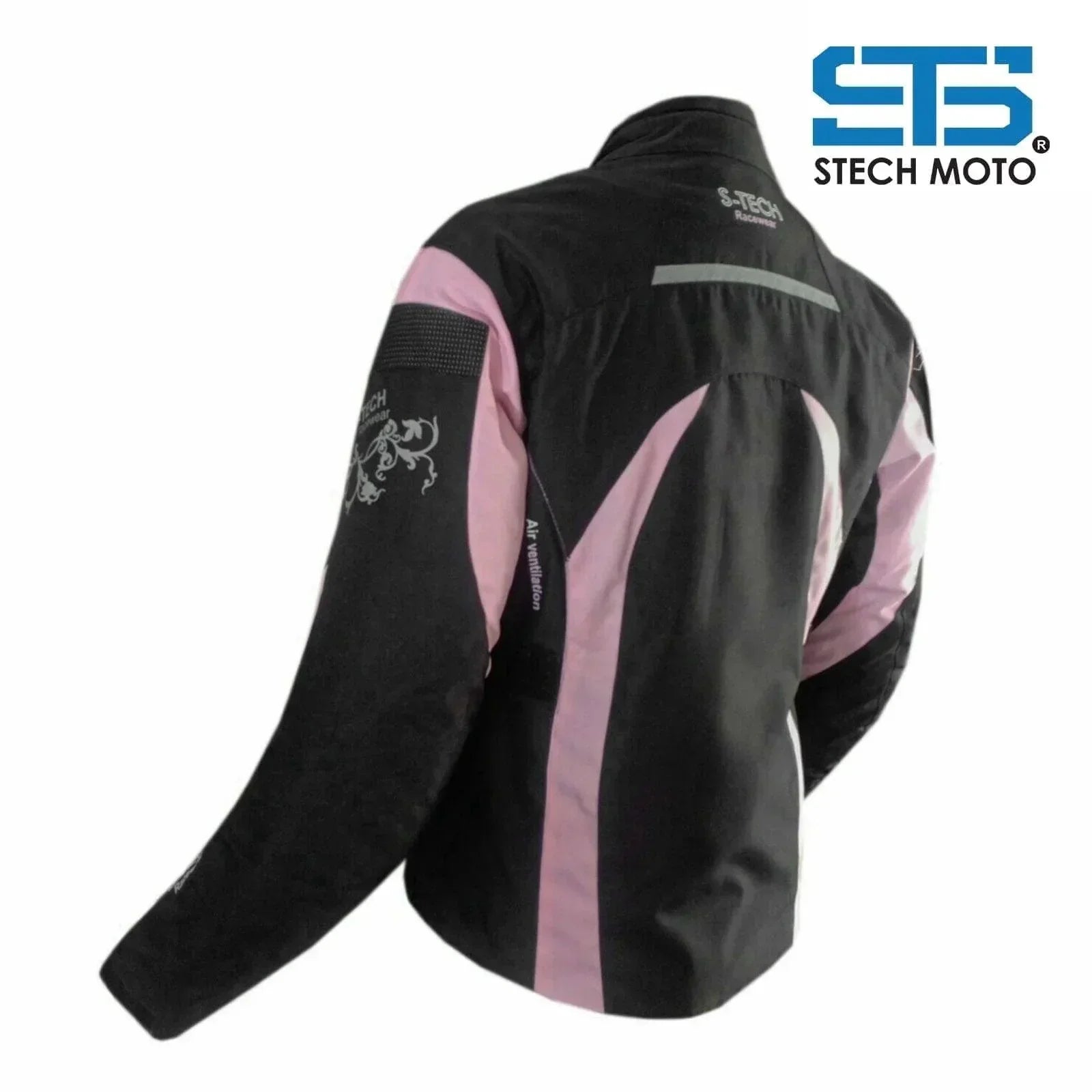 Giubbotto moto donna tessuto nero e rosa, protezioni, logo Stech Moto, vista posteriore