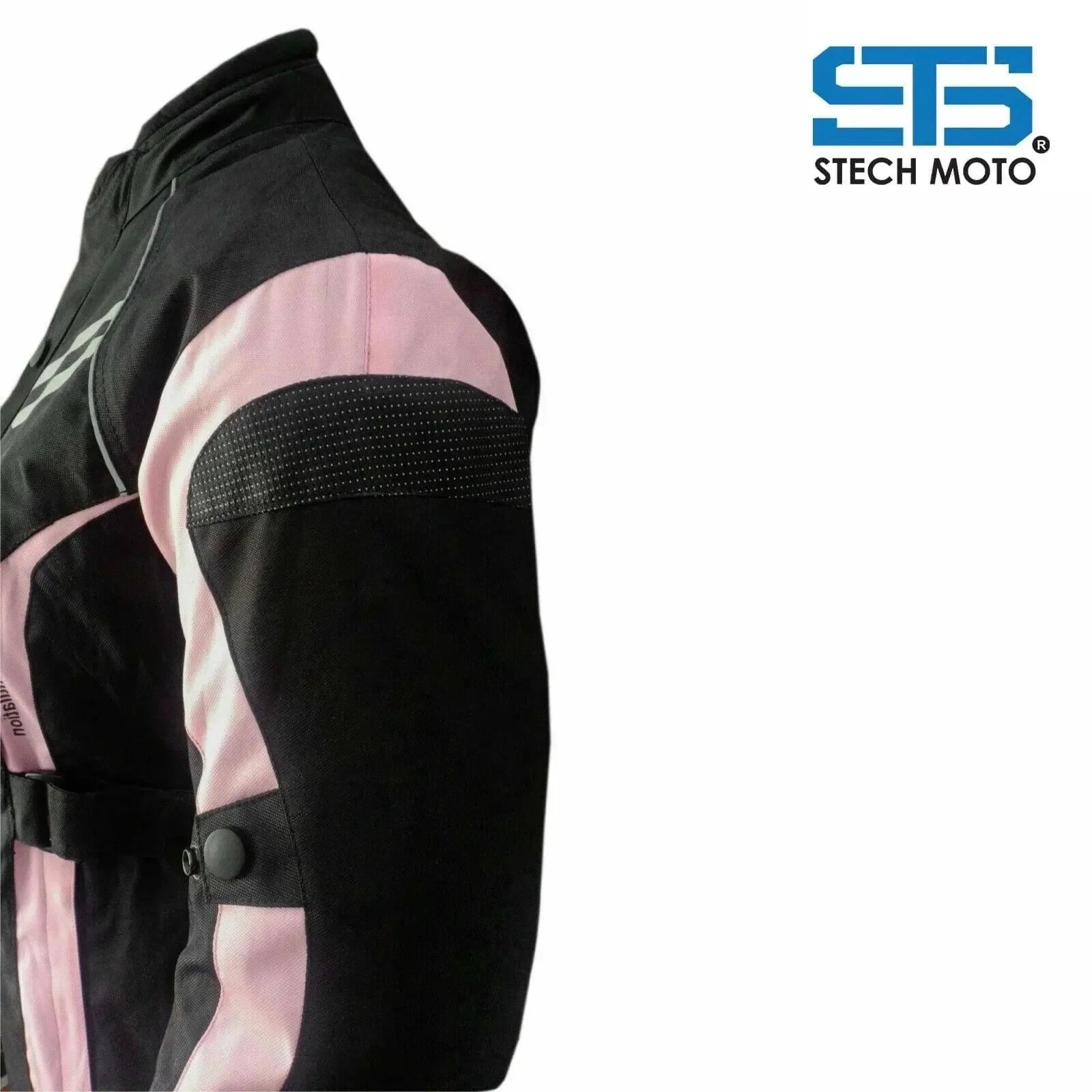 Giubbotto moto donna in tessuto nero e rosa con protezioni su spalle, dettaglio manica.