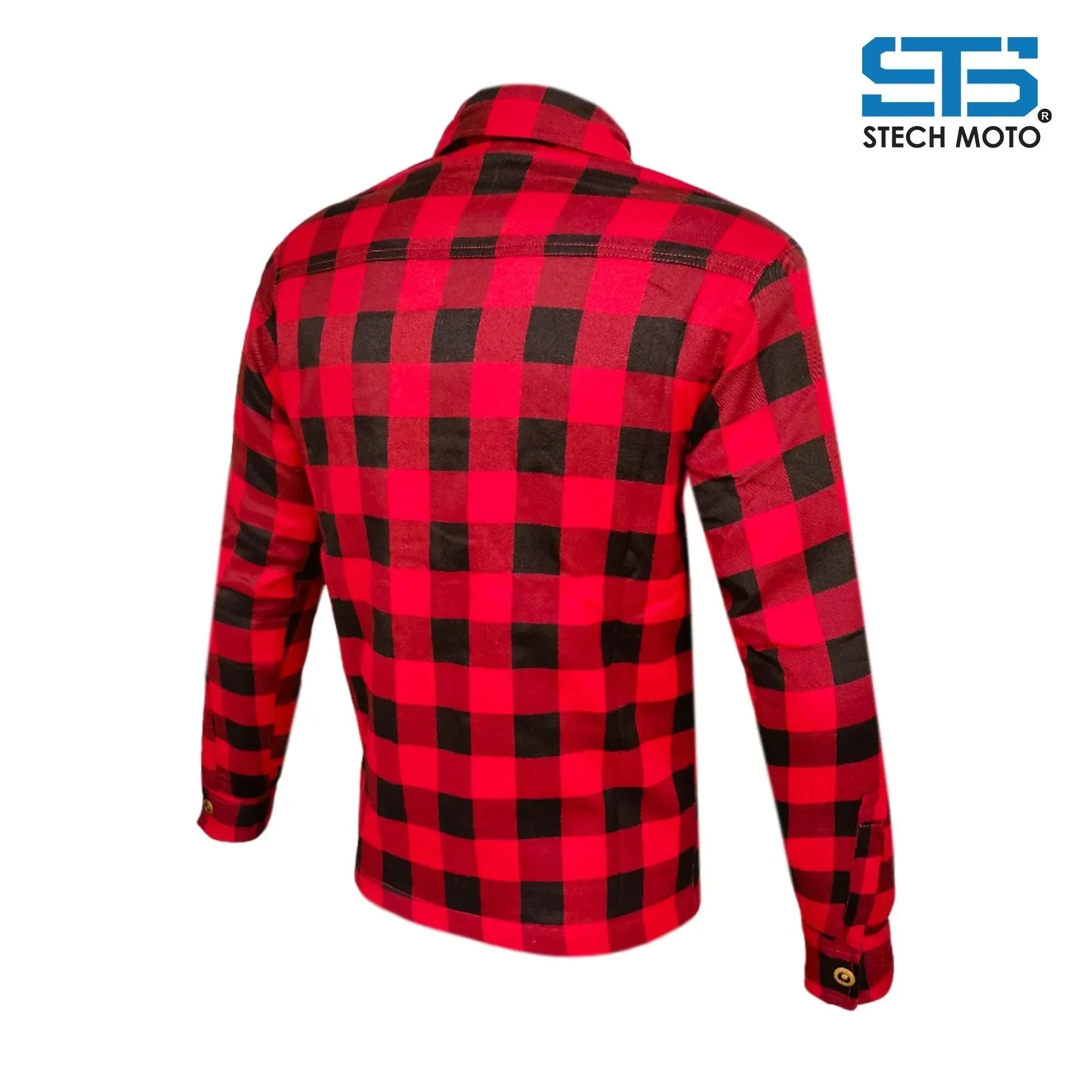Camicia moto uomo in flanella rossa e nera, maniche lunghe, stile casual, vista posteriore.