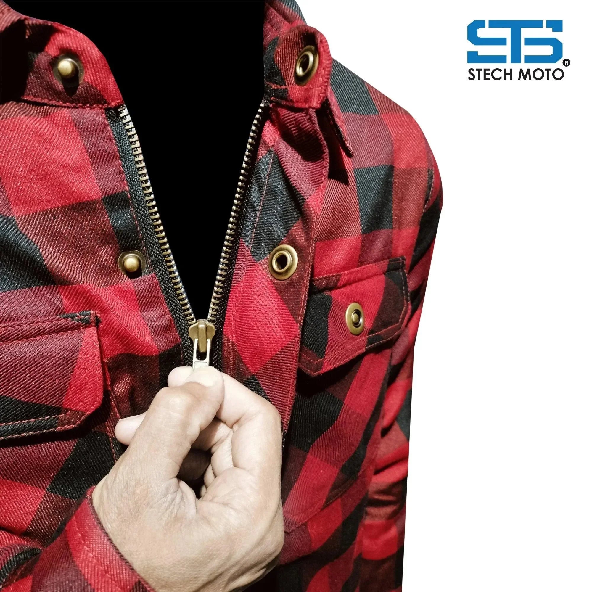 Camicia moto uomo in flanella rossa a quadri con zip, protezioni e bottoni