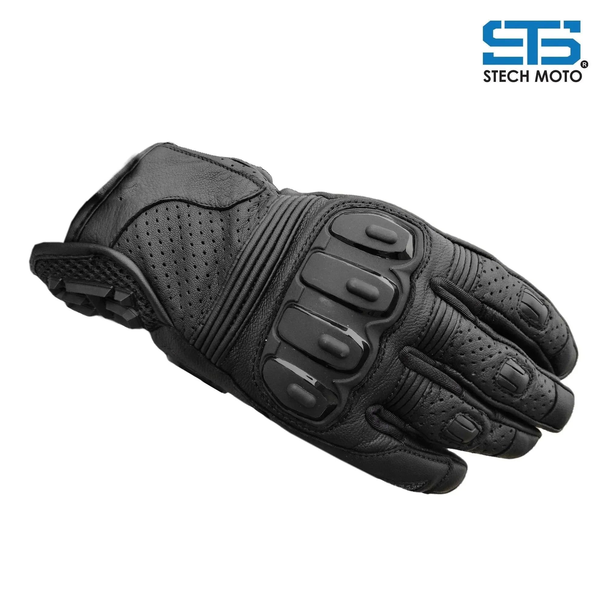 Guanto moto in pelle nero con protezioni per nocche, stile touring e urban.