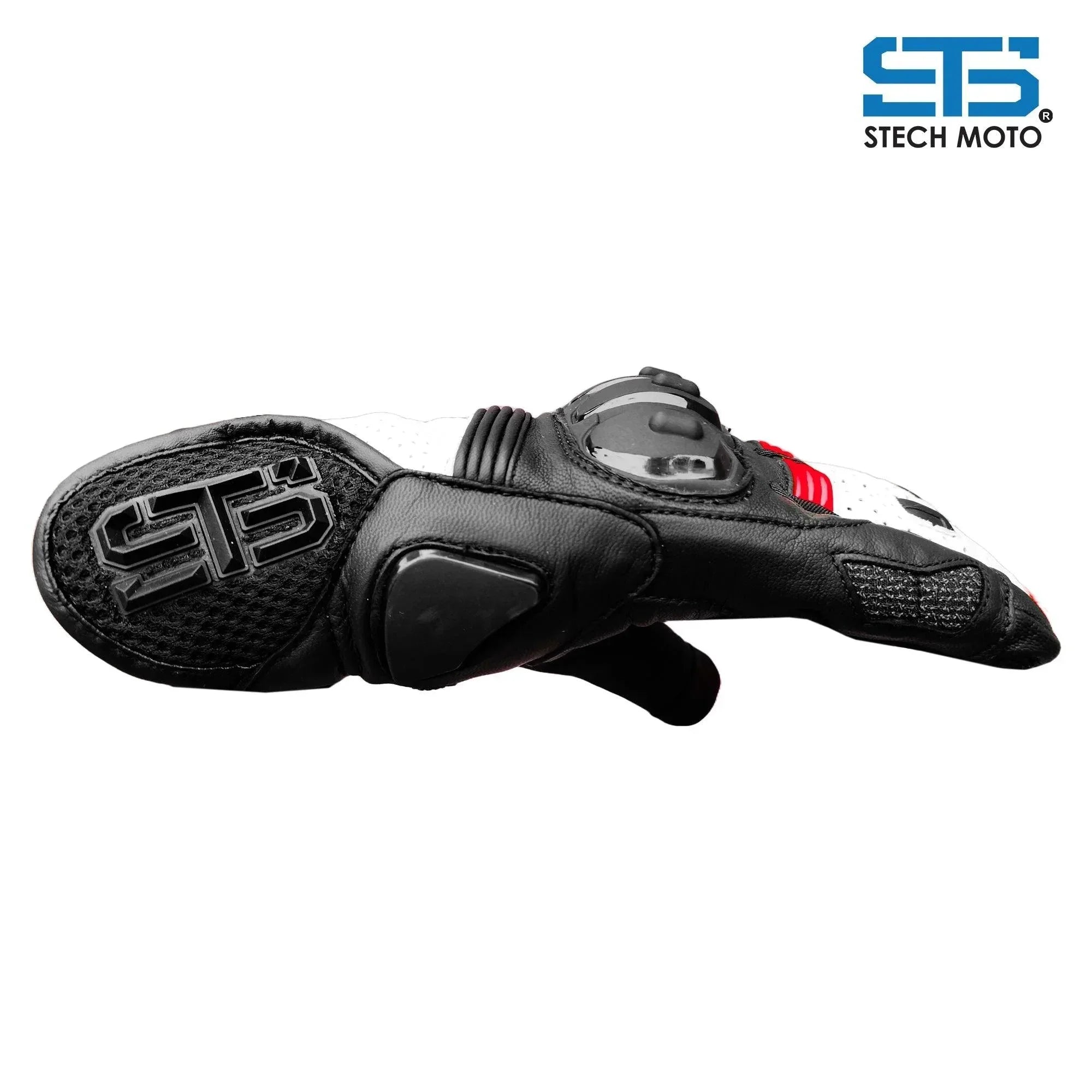 Guanto moto in pelle nero e bianco con protezioni, stile touring sportivo e urban off road.