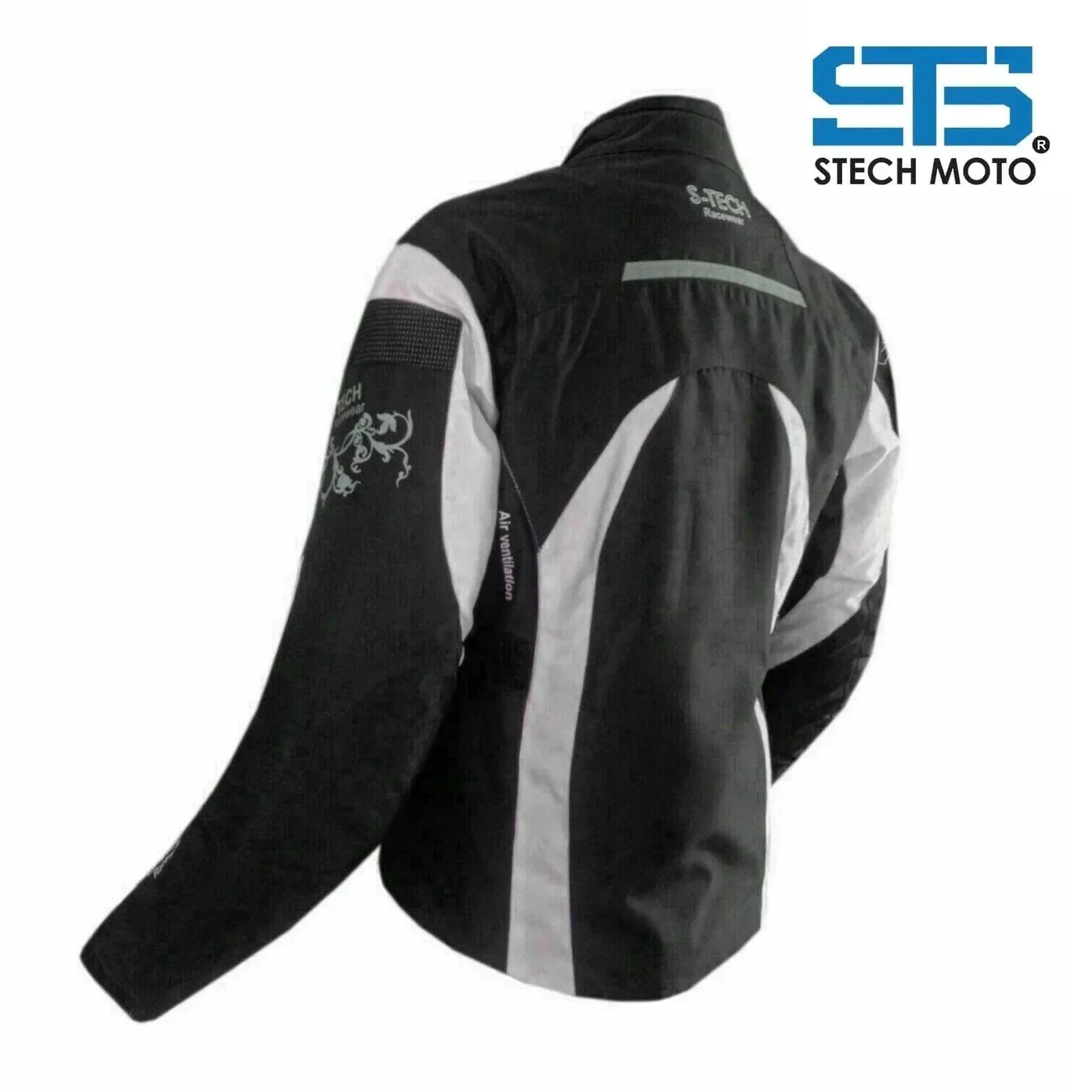 Giubbotto moto donna in tessuto nero e grigio, tre strati, stile sportivo, logo Stech Moto.
