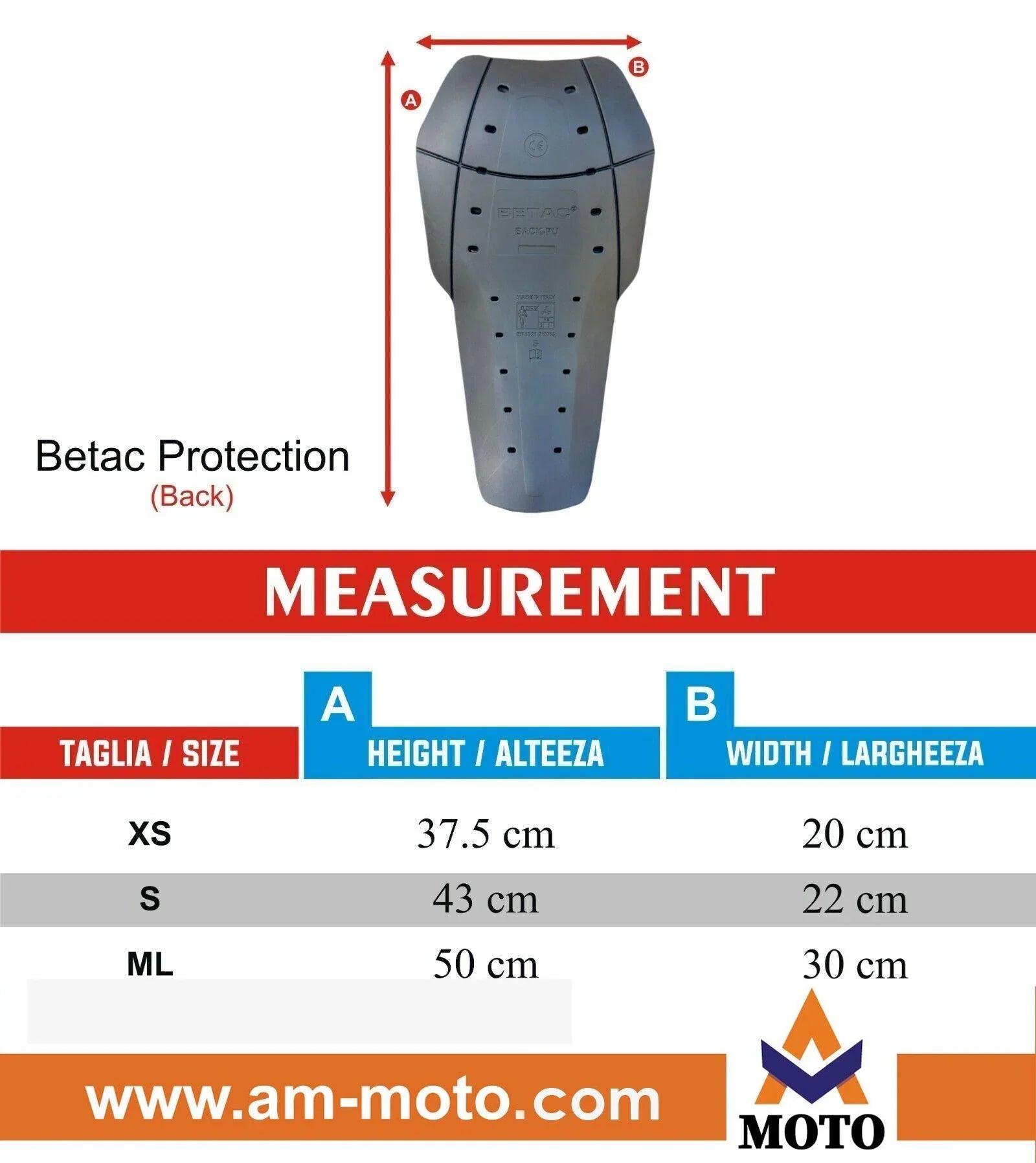 Betac Paraschiena Size Chart · Back Vent Level 2