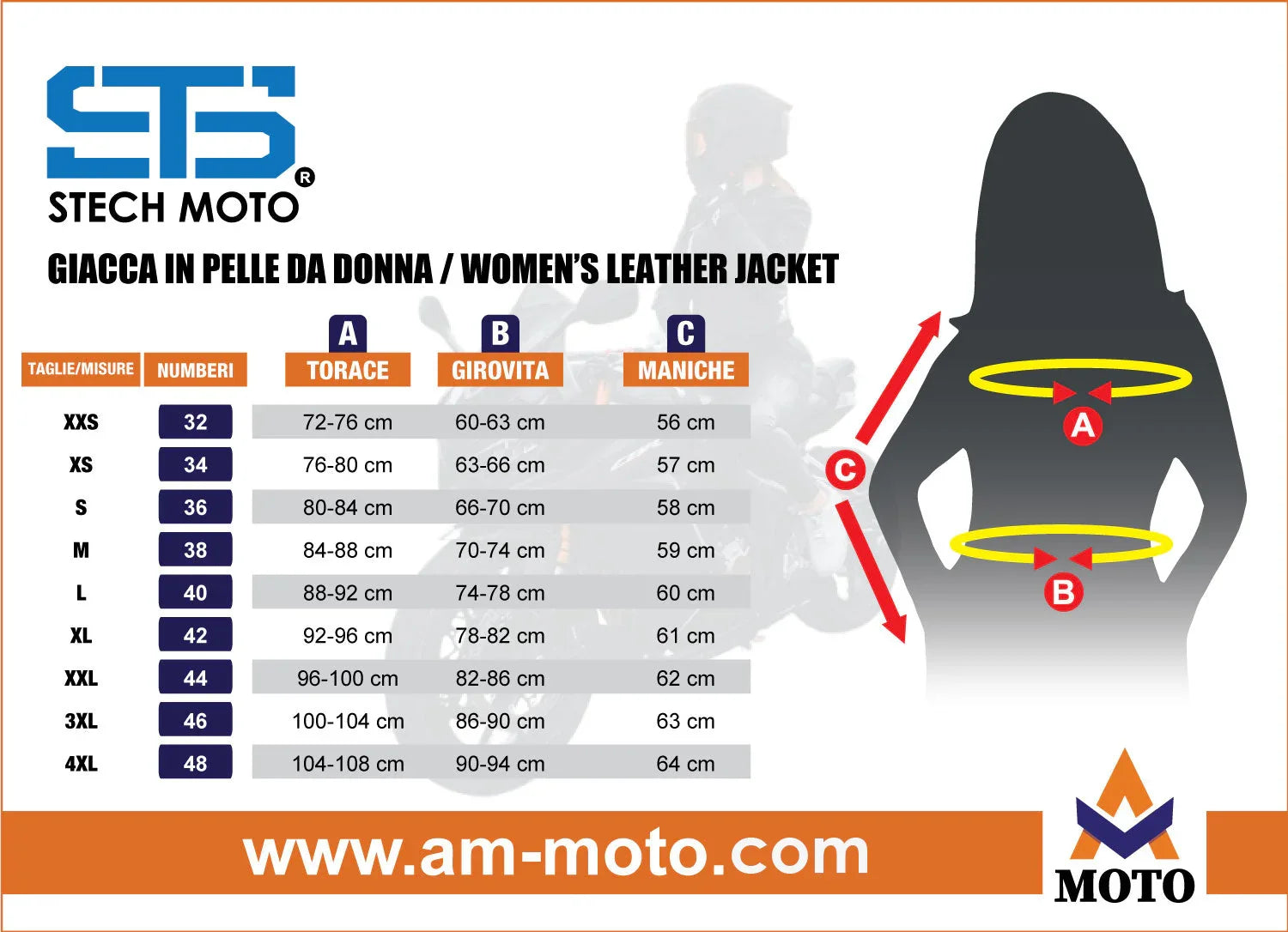 Stech Women Lether Jacket 1710 Quintus Size Chart · ST 1710 Quintus Custom